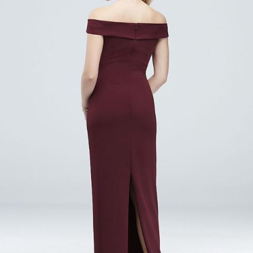 David’s Bridal Off the Shoulder Stretch Crepe Ruched Bridesmaid Dress - Cabarnet - Picture 3 of 7